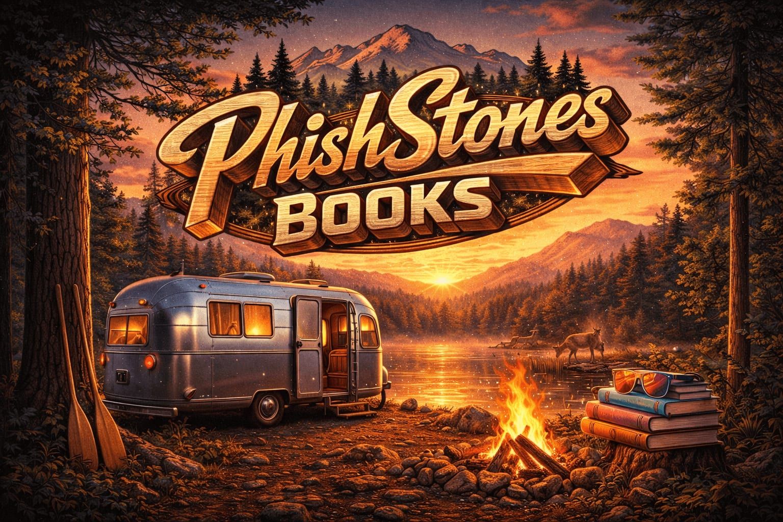 PhishStones Books — campfire, Airstream, and books at sunset